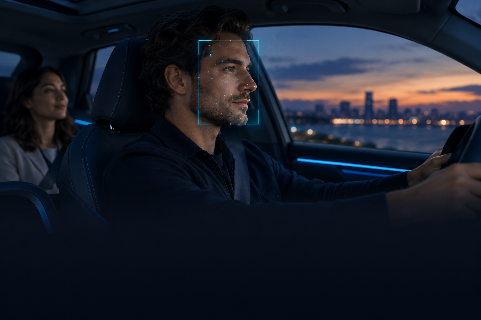 Driver and passenger in a vehicle with an illustrated driver face-detection overlay