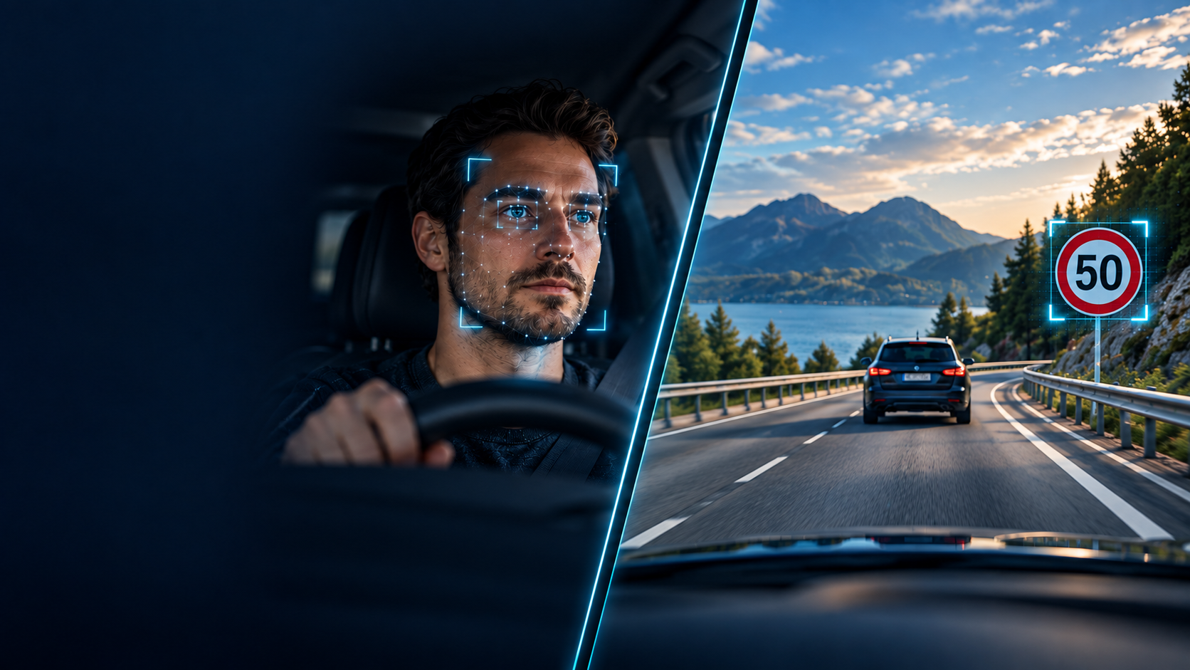 Driver monitoring visualization at left and speed-limit sign detection on the road at right