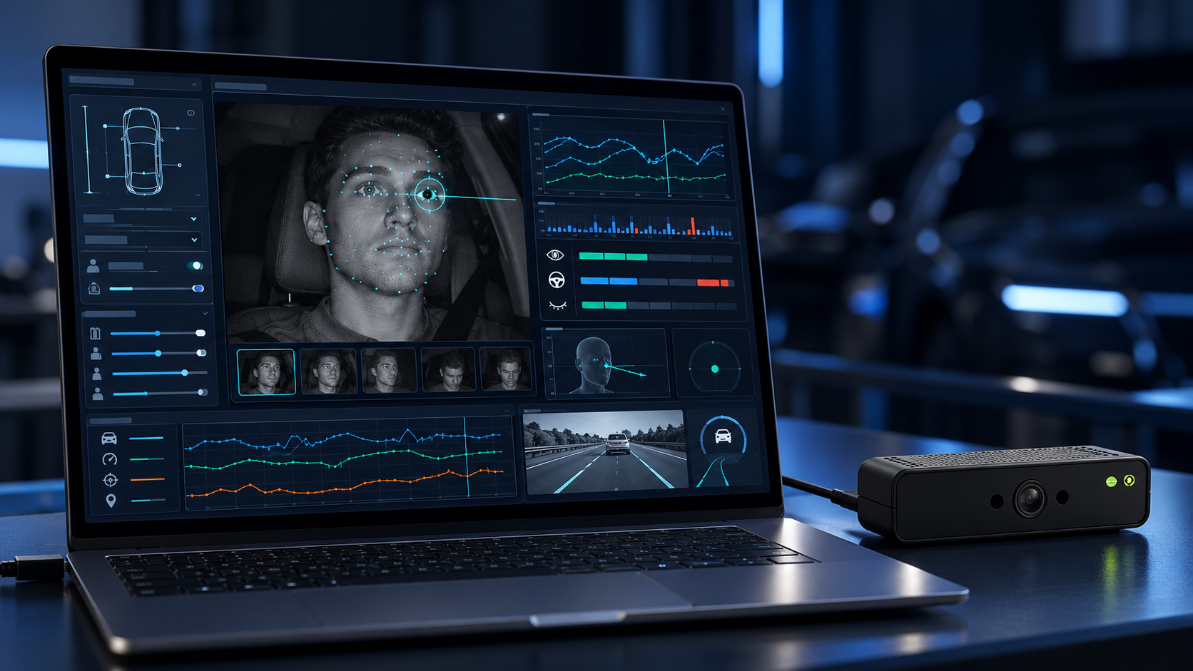 HORUSEE integration GUI shown on a laptop alongside the DMS camera and vehicle interface