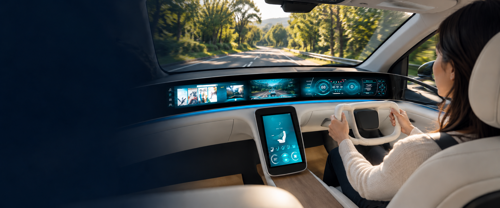 Concept visualization of a woman driving with a personalized NOAH cockpit