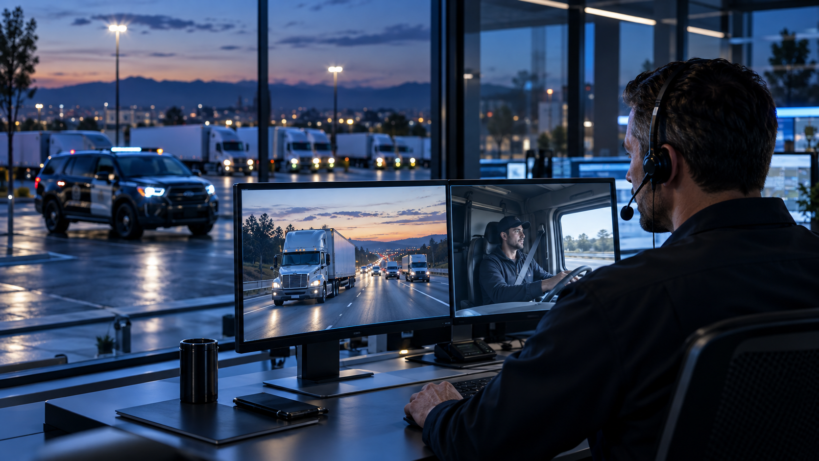 Illustration of a fleet manager viewing road and cabin camera feeds while using a headset