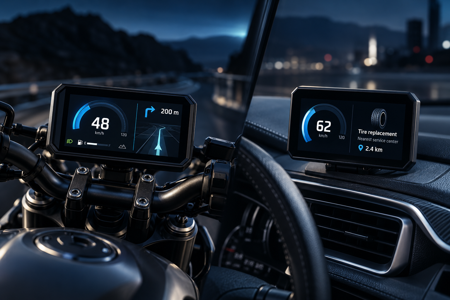 Two-wheel TIGRIS display with meters and navigation; four-wheel display with meters, tire replacement prompt and nearest service center