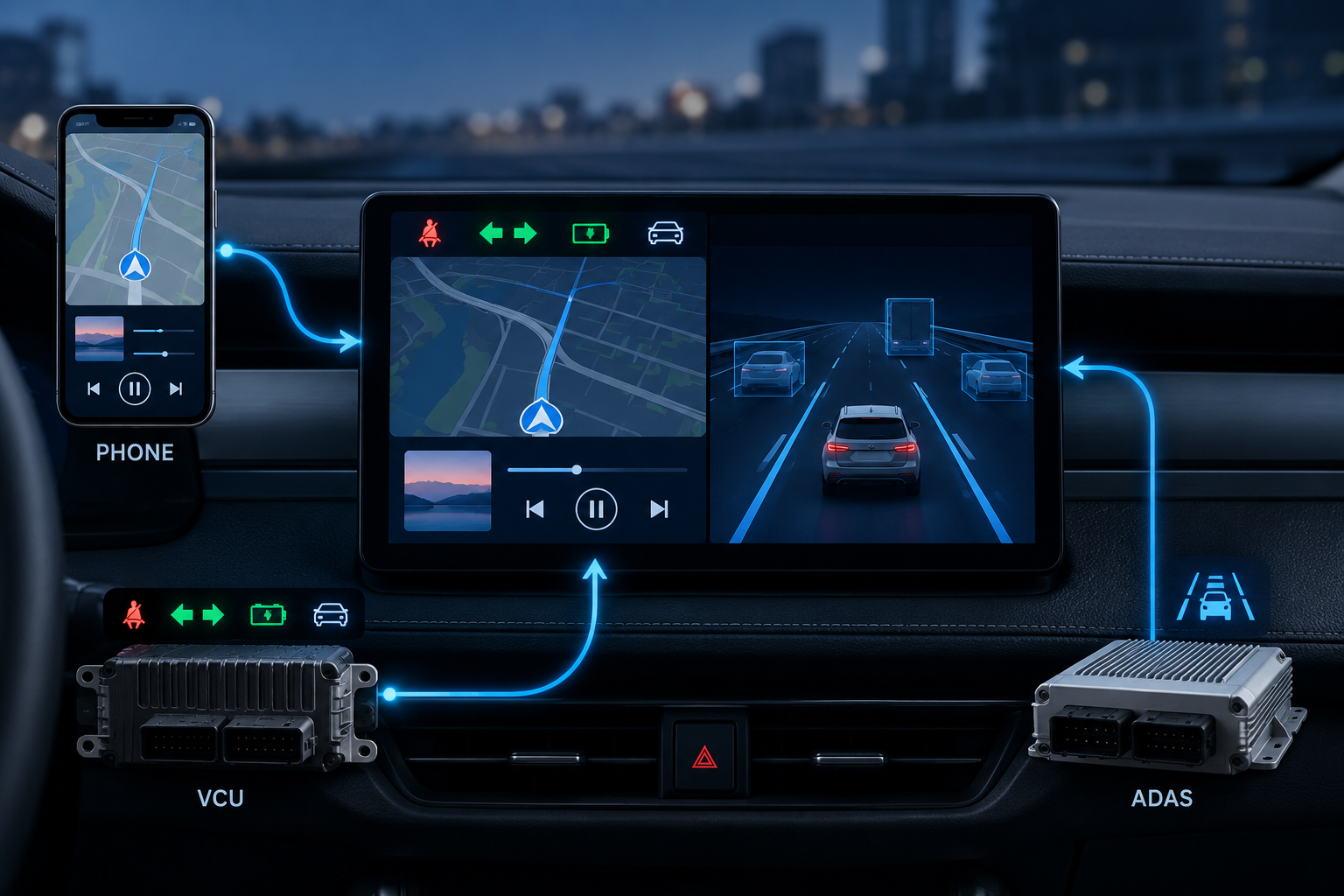 Concept illustration of phone, VCU, and ADAS content feeding a vehicle display